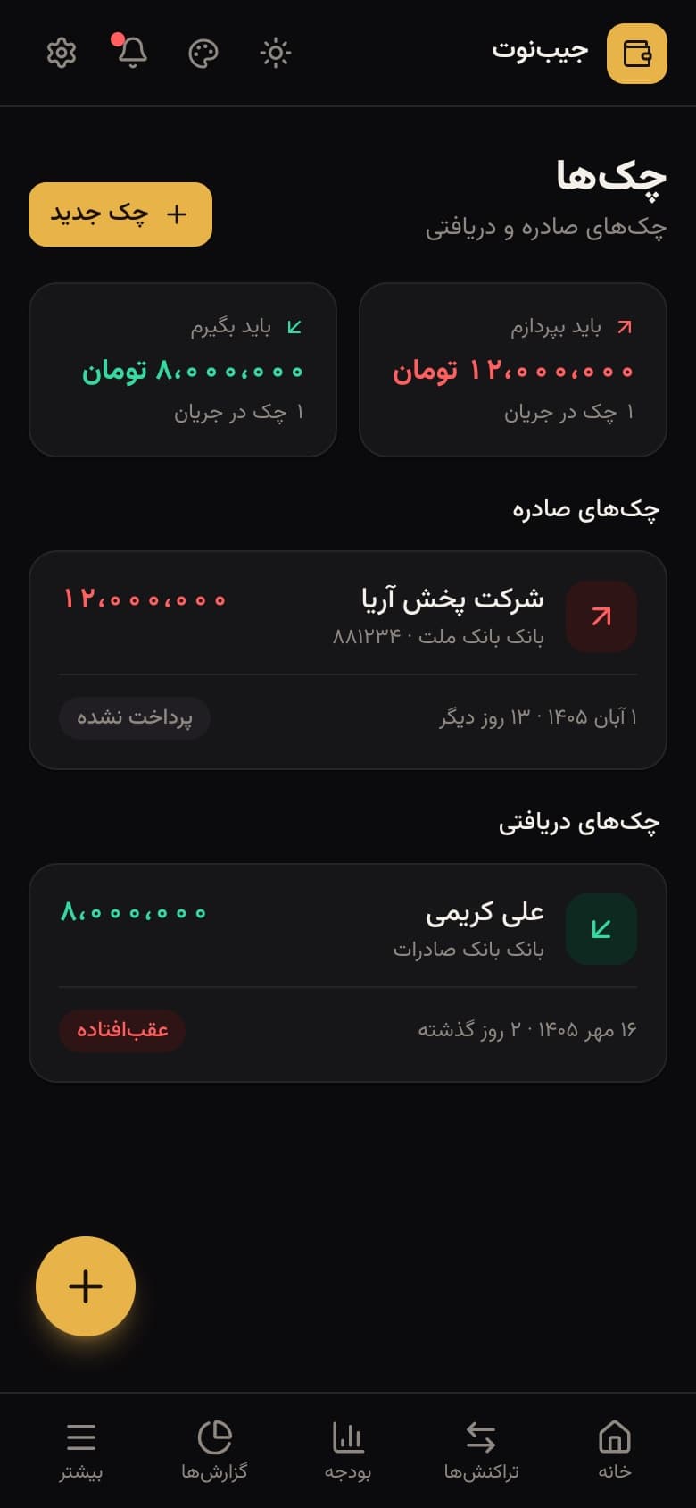 صفحهی چکها در جیبنوت