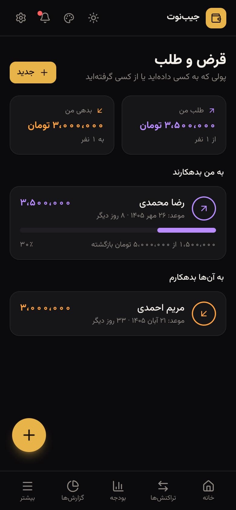 صفحهی قرض و طلب در جیبنوت